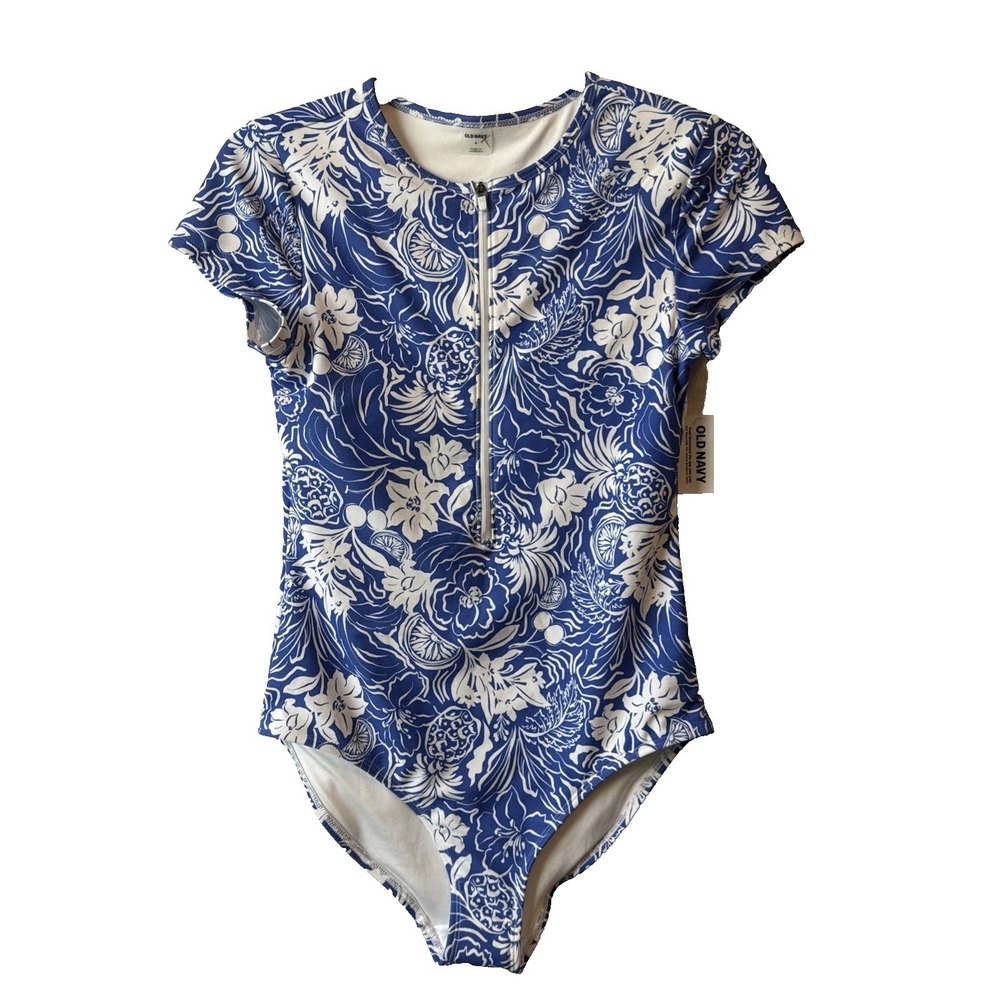 NWT Old Navy One Piece Blue Tropical Floral Zip Swimsuit S Resortwear Beach